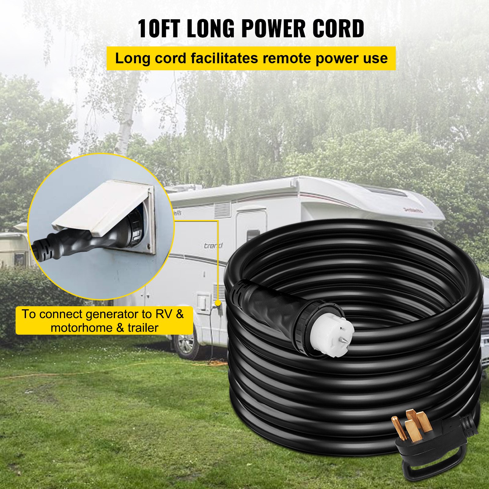 Cable de extensión de generador VEVOR de 10 pies para vehículos recreativos, autocaravanas y remolques.