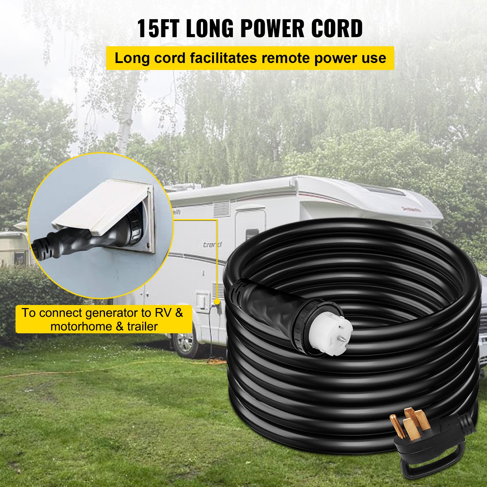 Cable de extensión para generador VEVOR que conecta el RV y la casa rodante con un cable de alimentación de 15 pies de largo