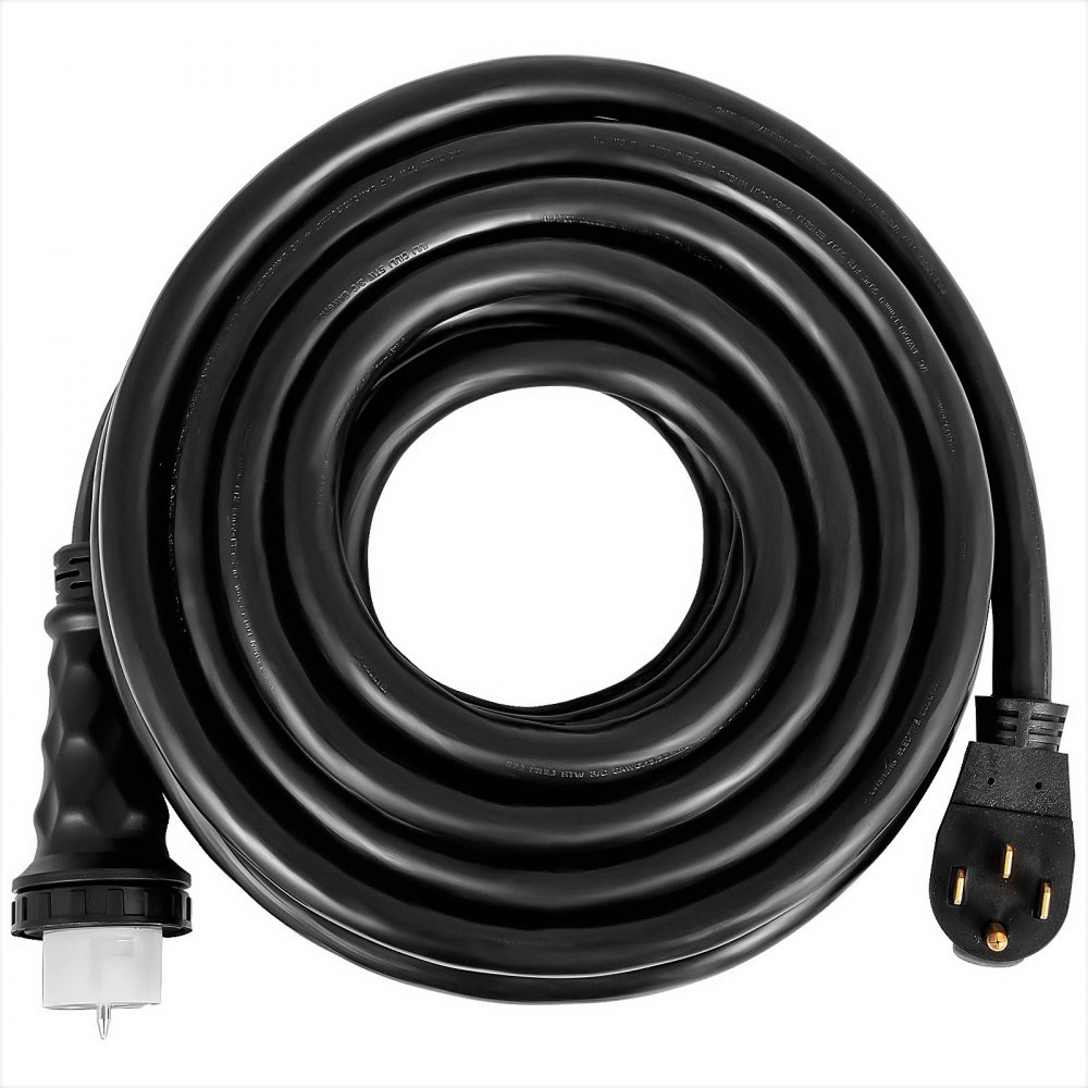 Cable de extensión para generador VEVOR de 50 amperios en espiral con enchufes negros sobre fondo blanco