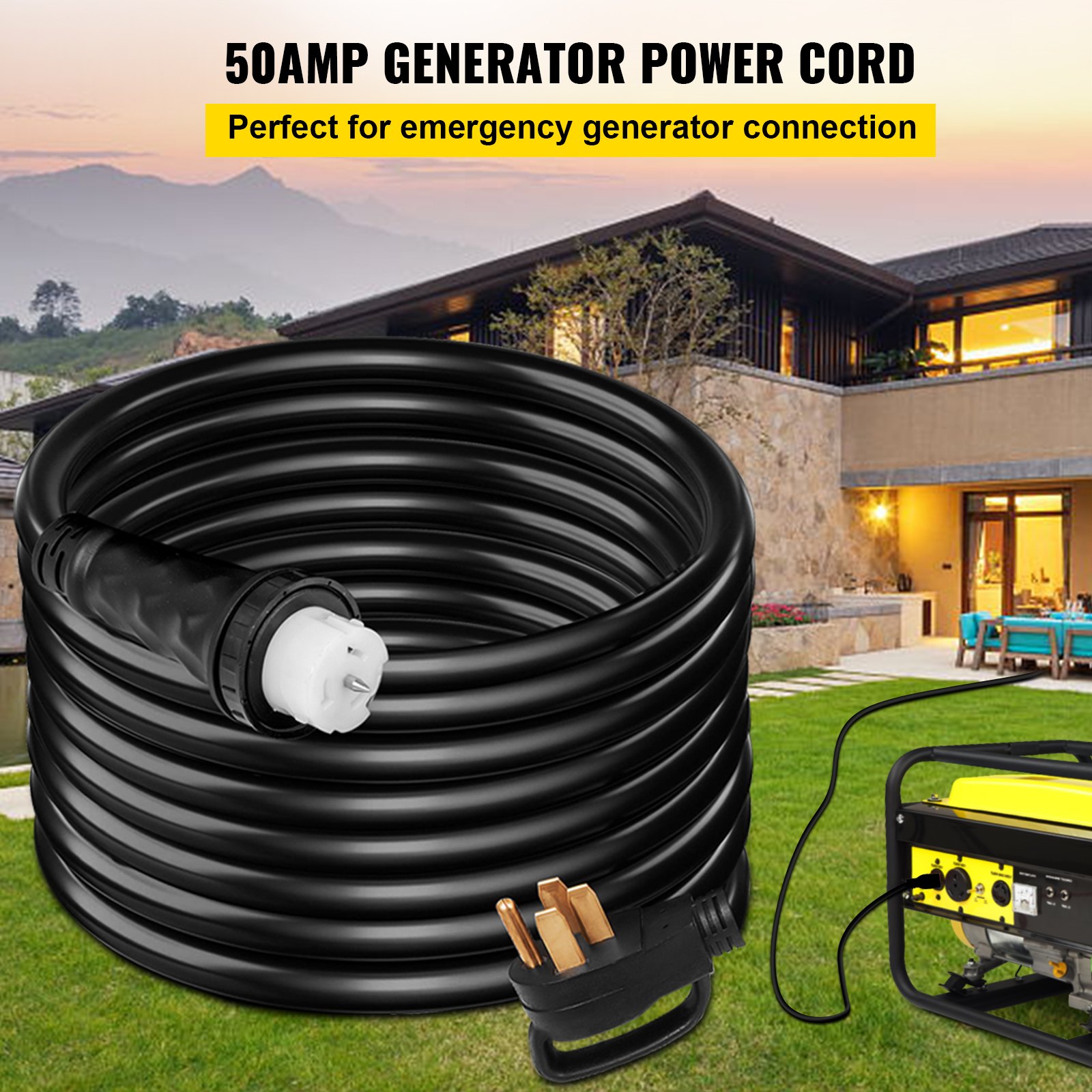 Cable de extensión de generador VEVOR de 50 amperios enrollado en el césped con casa y generador cerca.