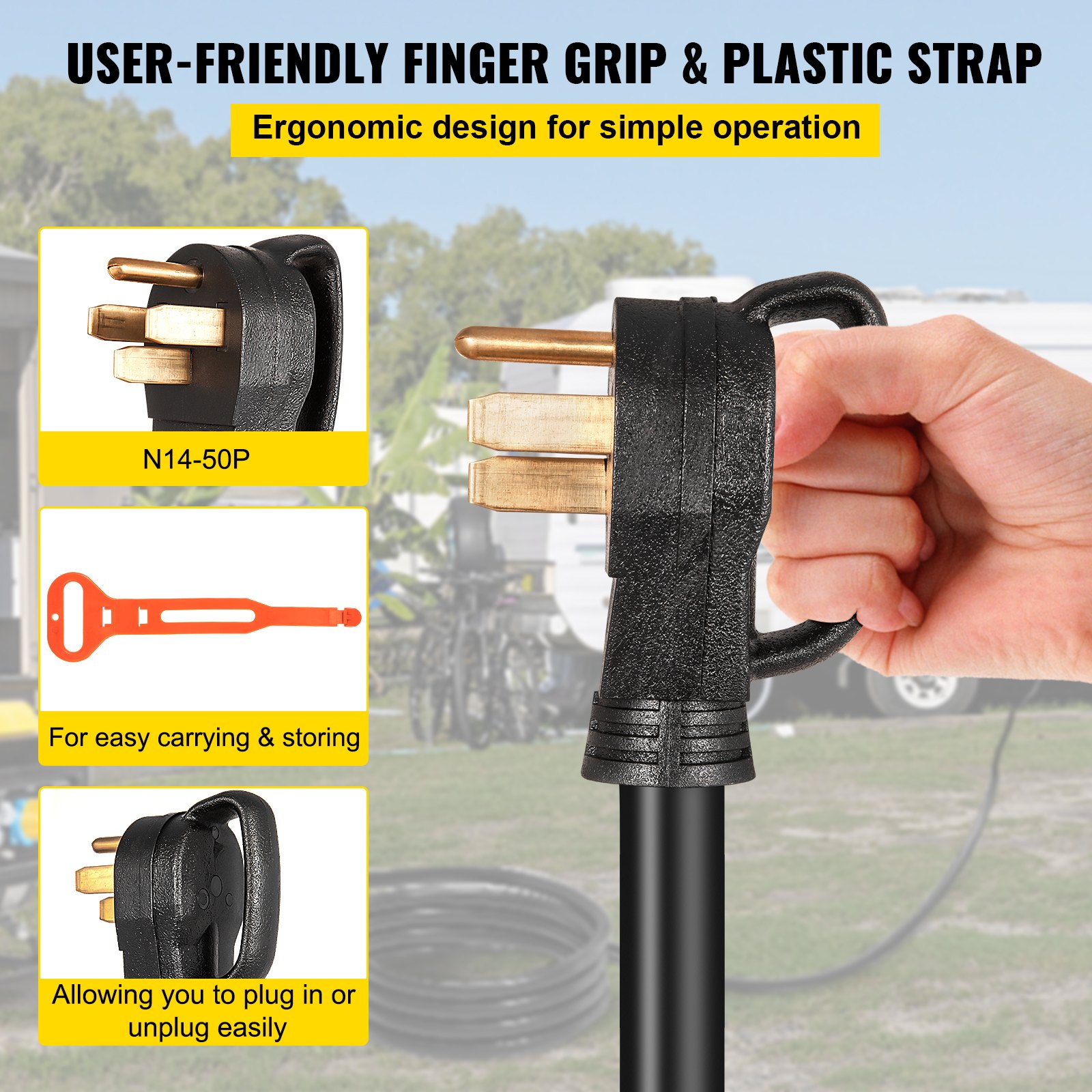 Cable de extensión para generador VEVOR de 50 amperios con agarre ergonómico para los dedos y correa de plástico.