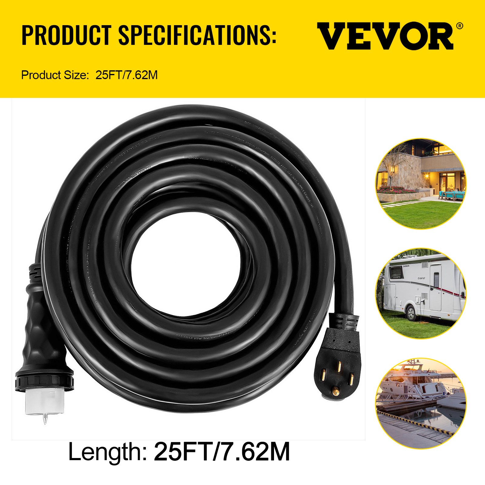 Cable de extensión para generador VEVOR de 50 amperios, 25 pies/7,62 m de largo con imágenes de escenarios de uso.
