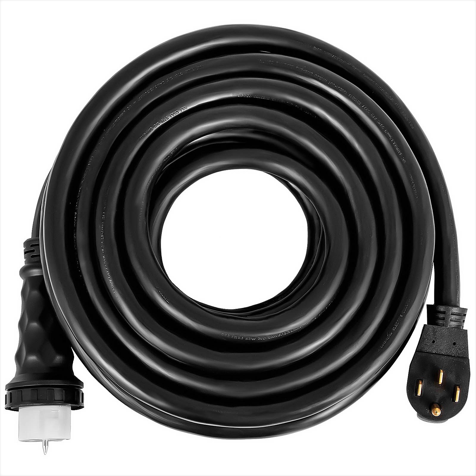 Cable de extensión para generador VEVOR de 50 amperios en espiral con enchufes negros sobre fondo blanco