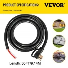 VEVOR - Cable de extensión para generador de 30 pies y 50 amperios, calibre 6, STW 6/3+8/1, cable de generador, cable de alimentación N14-50P a alambre desnudo, cable de extensión, cable de alimentación para motor de caravana, generador de casa portátil