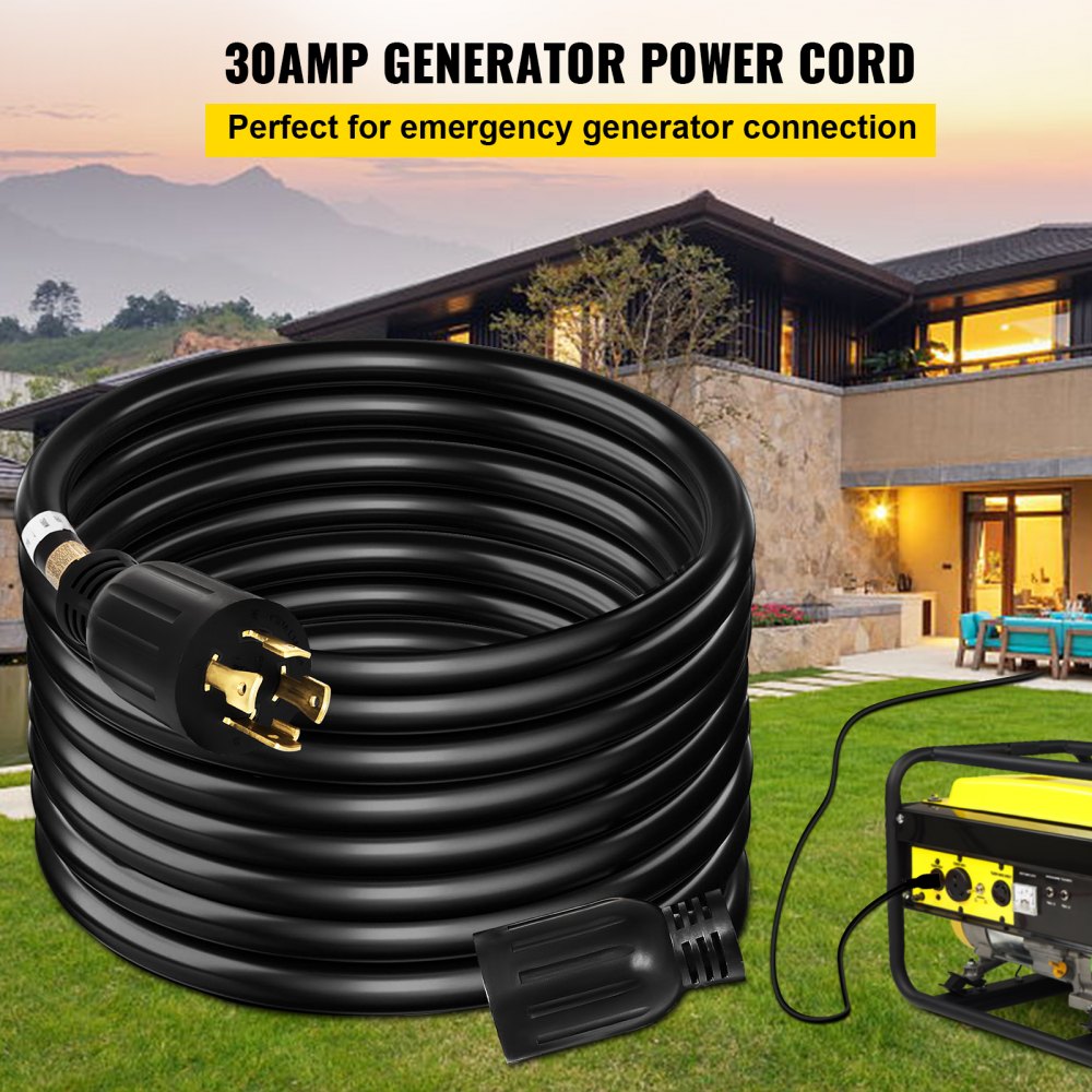 Cable de extensión para generador VEVOR de 15 m y 30 amperios, SJTW, 10 AWG, 4 clavijas, NEMA L14-30P, 125/250 V, resistente, con conector de bloqueo giratorio