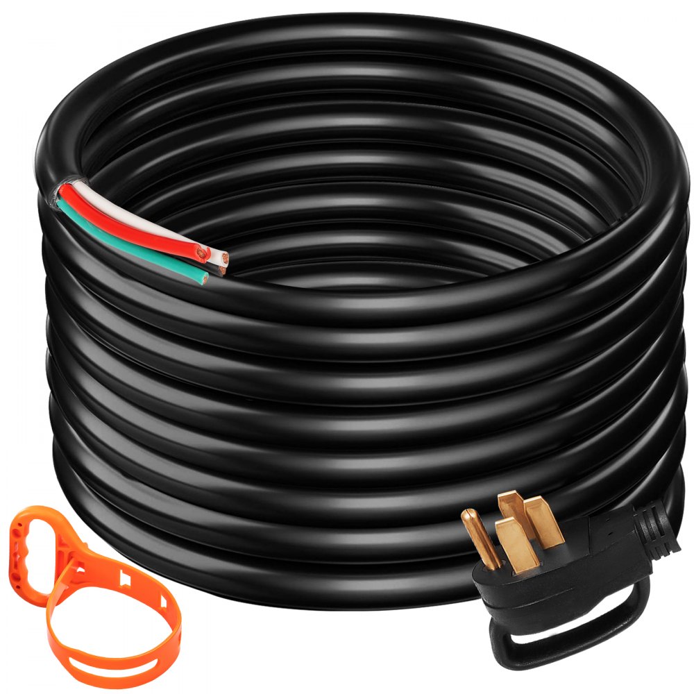 Cable de extensión de generador VEVOR negro enrollado con enchufe y soporte de cable naranja.