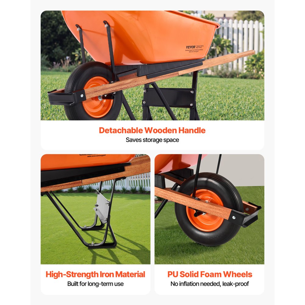 Carretilla VEVOR, 6 pies cúbicos de carga y 330 lb de capacidad, carretilla de jardín de una rueda con asa de metal y ruedas de riel de 16" de ancho, fácil de cargar, ideal para jardinería.