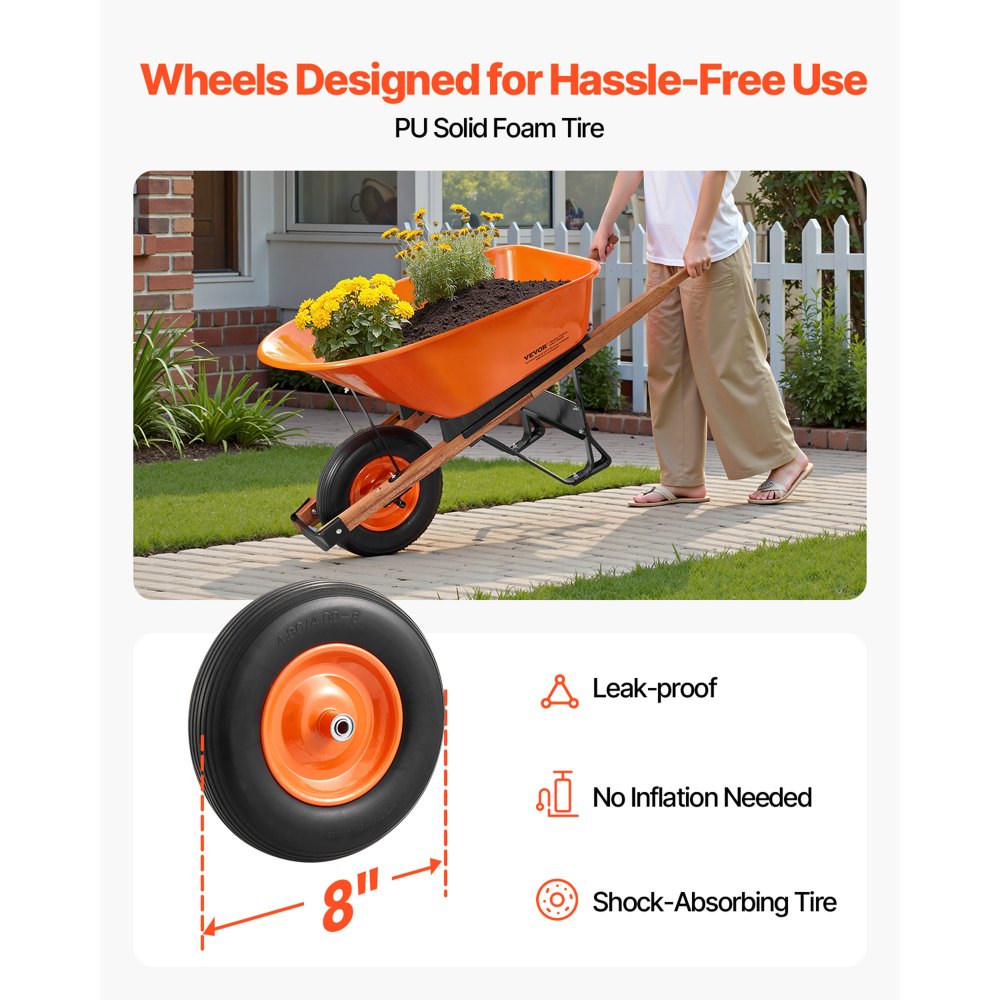 Carretilla VEVOR, 6 pies cúbicos de carga y 330 lb de capacidad, carretilla de jardín de una rueda con asa de metal y ruedas de riel de 16" de ancho, fácil de cargar, ideal para jardinería.