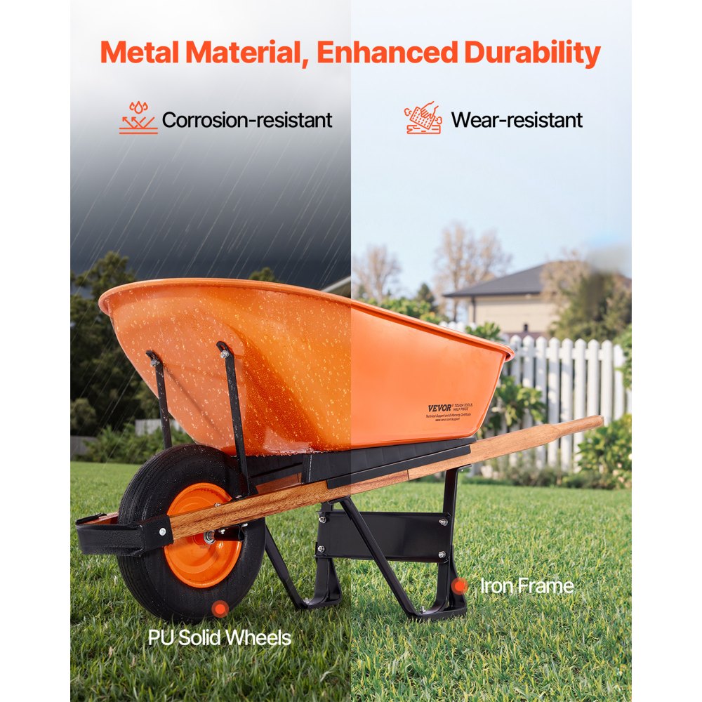 Carretilla VEVOR, 6 pies cúbicos de carga y 330 lb de capacidad, carretilla de jardín de una rueda con asa de metal y ruedas de riel de 16" de ancho, fácil de cargar, ideal para jardinería.