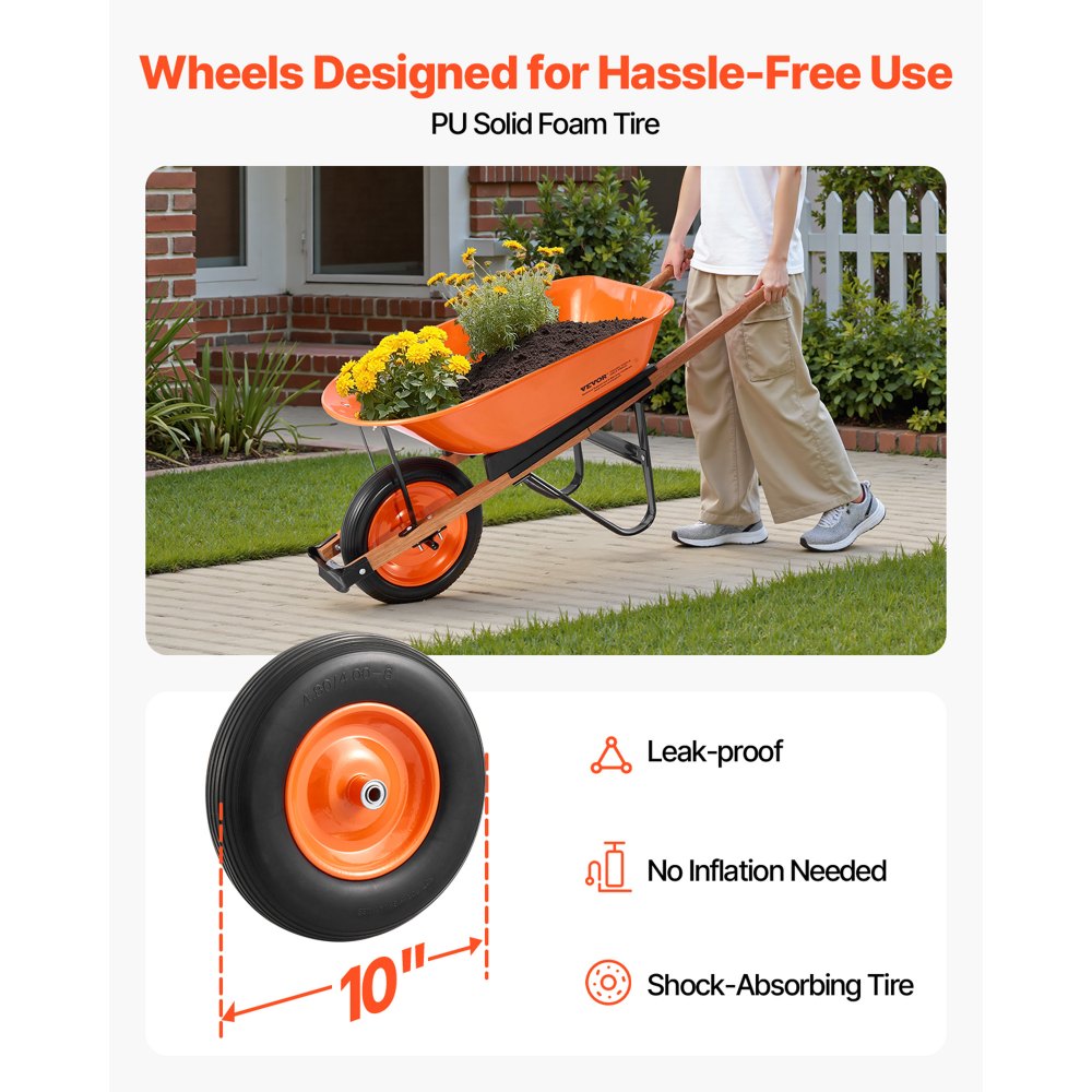 Carretilla VEVOR, capacidad de 5 pies cúbicos y 330 lb, carro de jardín de una rueda, con asa de metal y ruedas de 40 cm de ancho, fácil de cargar, ideal para jardinería.