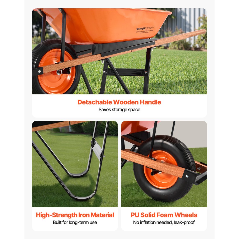 Carretilla VEVOR, capacidad de 5 pies cúbicos y 330 lb, carro de jardín de una rueda, con asa de metal y ruedas de 40 cm de ancho, fácil de cargar, ideal para jardinería.