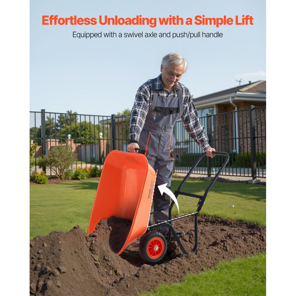 VEVOR Carretilla para Jardín Carga de 180 kg Carro de Descarga con 2 Ruedas de 25,4 cm y Asa Carro Utilitario de Fácil Carga Carrito para Césped al Aire Libre, Patio, Granja, Naranja y Negro