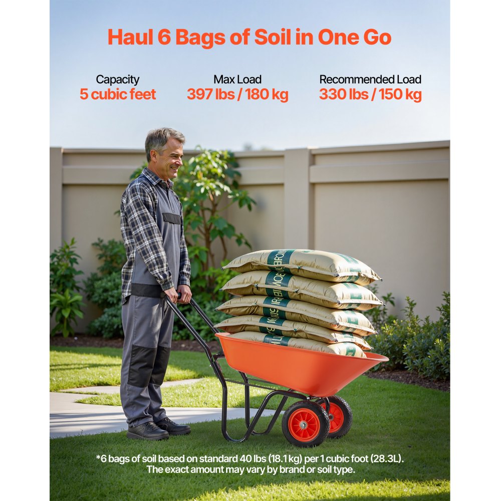 VEVOR Carretilla para Jardín Carga de 180 kg Carro de Descarga con 2 Ruedas de 25,4 cm y Asa Carro Utilitario de Fácil Carga Carrito para Césped al Aire Libre, Patio, Granja, Naranja y Negro