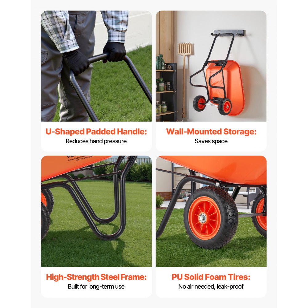 VEVOR Carretilla para Jardín Carga de 180 kg Carro de Descarga con 2 Ruedas de 25,4 cm y Asa Carro Utilitario de Fácil Carga Carrito para Césped al Aire Libre, Patio, Granja, Naranja y Negro