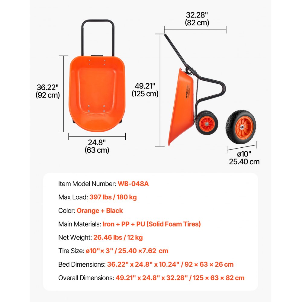 VEVOR Carretilla para Jardín Carga de 180 kg Carro de Descarga con 2 Ruedas de 25,4 cm y Asa Carro Utilitario de Fácil Carga Carrito para Césped al Aire Libre, Patio, Granja, Naranja y Negro