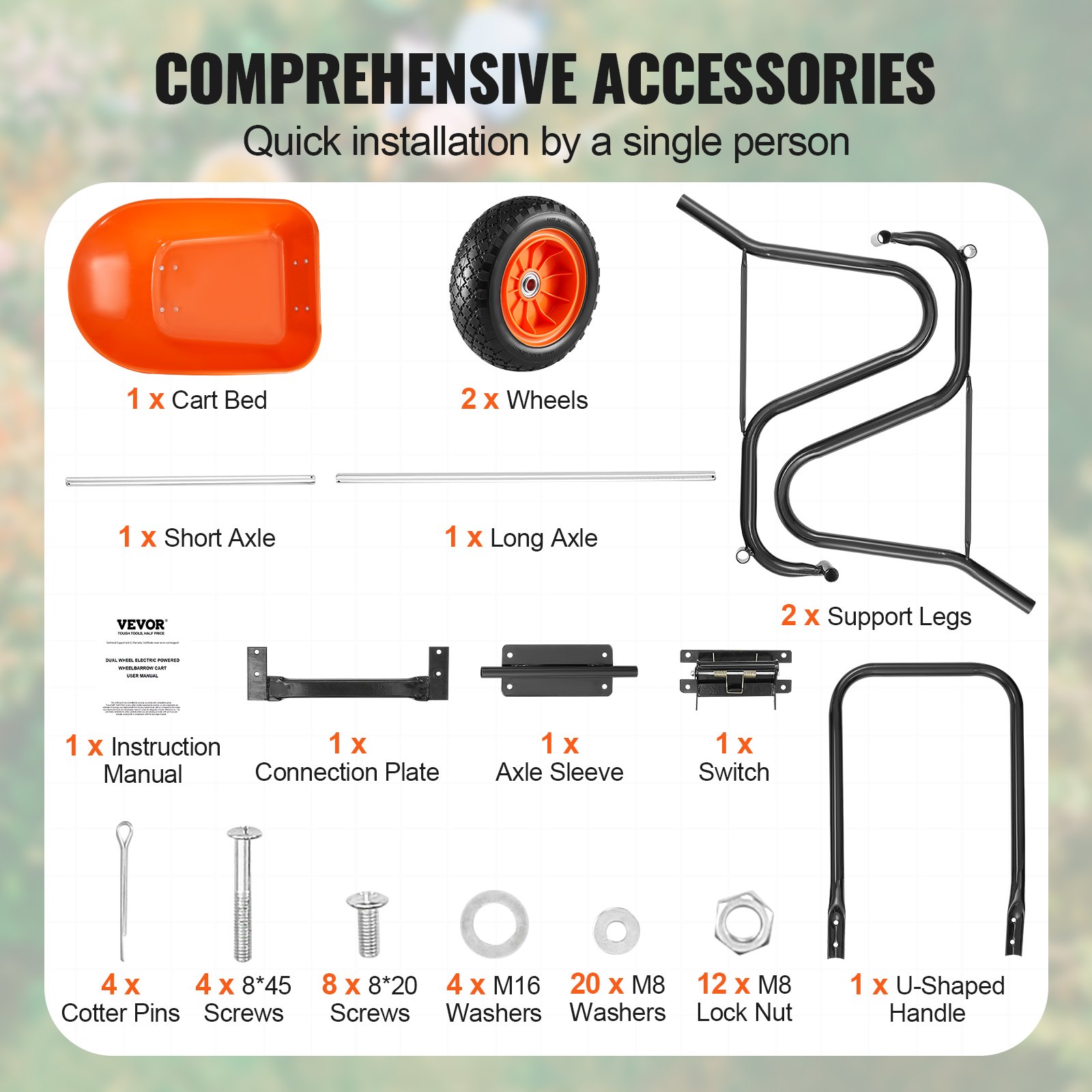 VEVOR Carretilla para Jardín Carga de 180 kg Carro de Descarga con 2 Ruedas de 25,4 cm y Asa Carro Utilitario de Fácil Carga Carrito para Césped al Aire Libre, Patio, Granja, Naranja y Negro