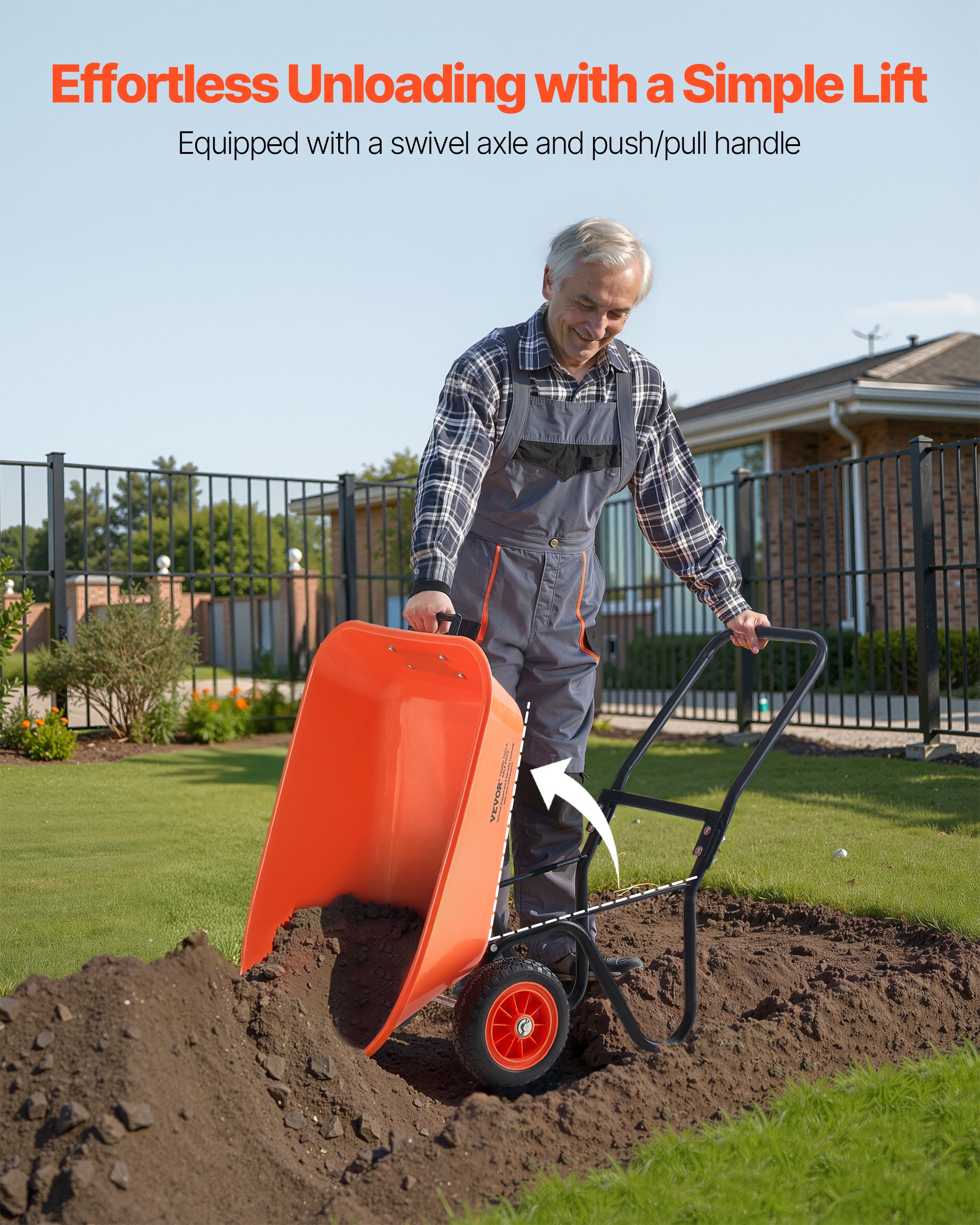 VEVOR Carretilla para Jardín Carga de 180 kg Carro de Descarga con 2 Ruedas de 25,4 cm y Asa Carro Utilitario de Fácil Carga Carrito para Césped al Aire Libre, Patio, Granja, Naranja y Negro