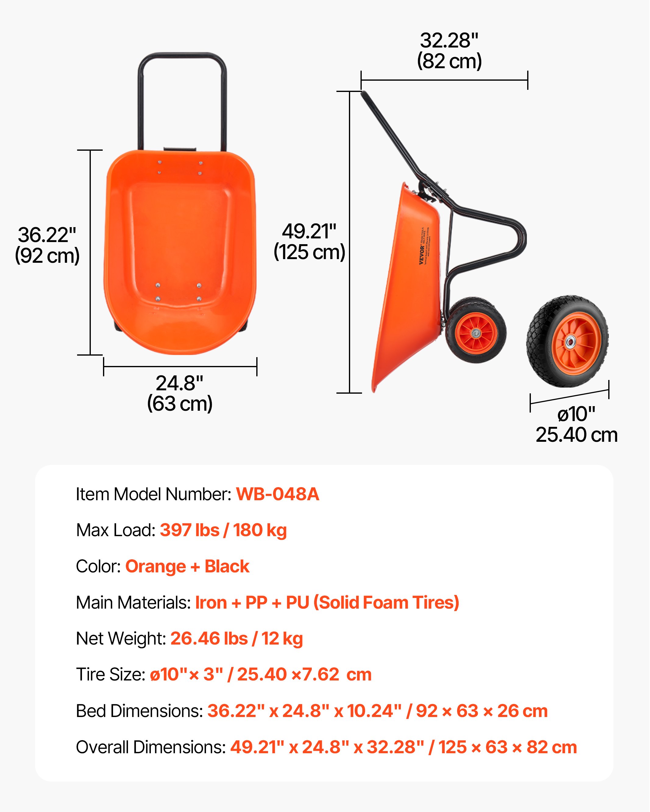 VEVOR Carretilla para Jardín Carga de 180 kg Carro de Descarga con 2 Ruedas de 25,4 cm y Asa Carro Utilitario de Fácil Carga Carrito para Césped al Aire Libre, Patio, Granja, Naranja y Negro