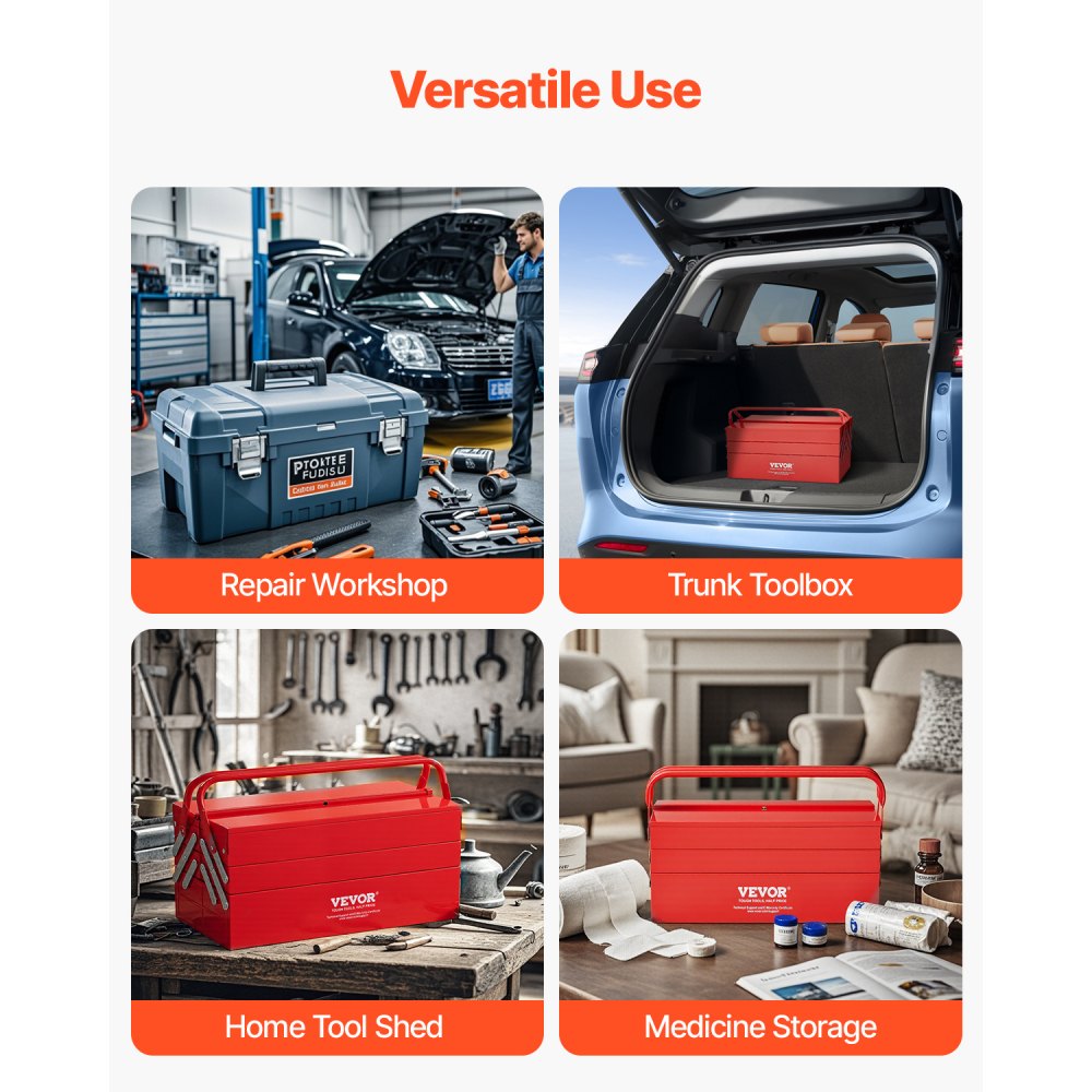 VEVOR - Caja de herramientas de metal de 45 cm, organizador portátil plegable de 3 niveles y 5 bandejas con asa y orificio para cerradura, acero con recubrimiento en polvo, caja de herramientas voladiza para el hogar, fábrica, almacén, taller de reparación, color rojo