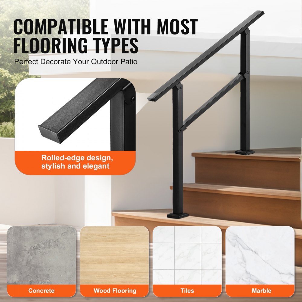 VEVOR Pasamanos de Exterior para Escalera Kit de Barandilla para 2 a 3 Escalones Tubo Cuadrado con Barra Horizontal Rieles de Soporte de Acero al Carbono para Escaleras de Hormigón, Terraza, Negro