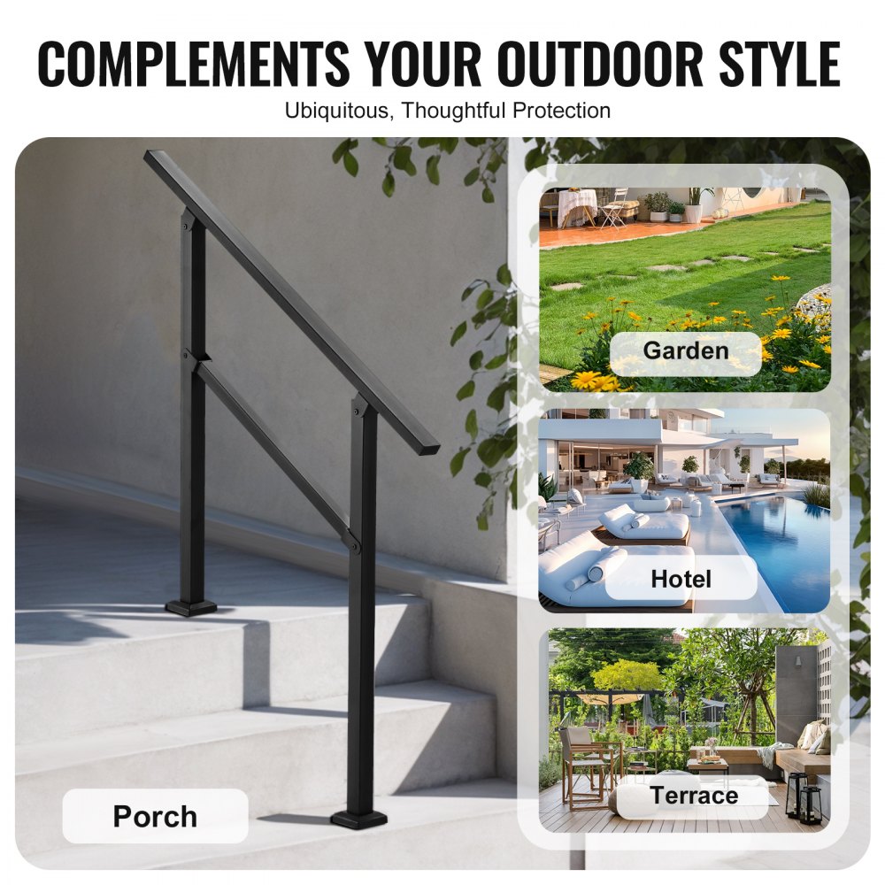 VEVOR Pasamanos de Exterior para Escalera Kit de Barandilla para 2 a 3 Escalones Tubo Cuadrado con Barra Horizontal Rieles de Soporte de Acero al Carbono para Escaleras de Hormigón, Terraza, Negro