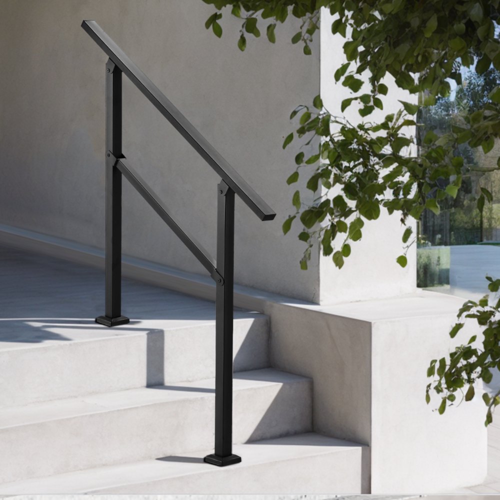 VEVOR Pasamanos de Exterior para Escalera Kit de Barandilla para 2 a 3 Escalones Tubo Cuadrado con Barra Horizontal Rieles de Soporte de Acero al Carbono para Escaleras de Hormigón, Terraza, Negro