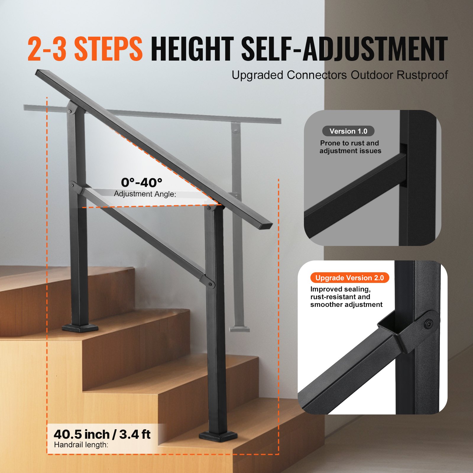 VEVOR Pasamanos de Exterior para Escalera Kit de Barandilla para 2 a 3 Escalones Tubo Cuadrado con Barra Horizontal Rieles de Soporte de Acero al Carbono para Escaleras de Hormigón, Terraza, Negro