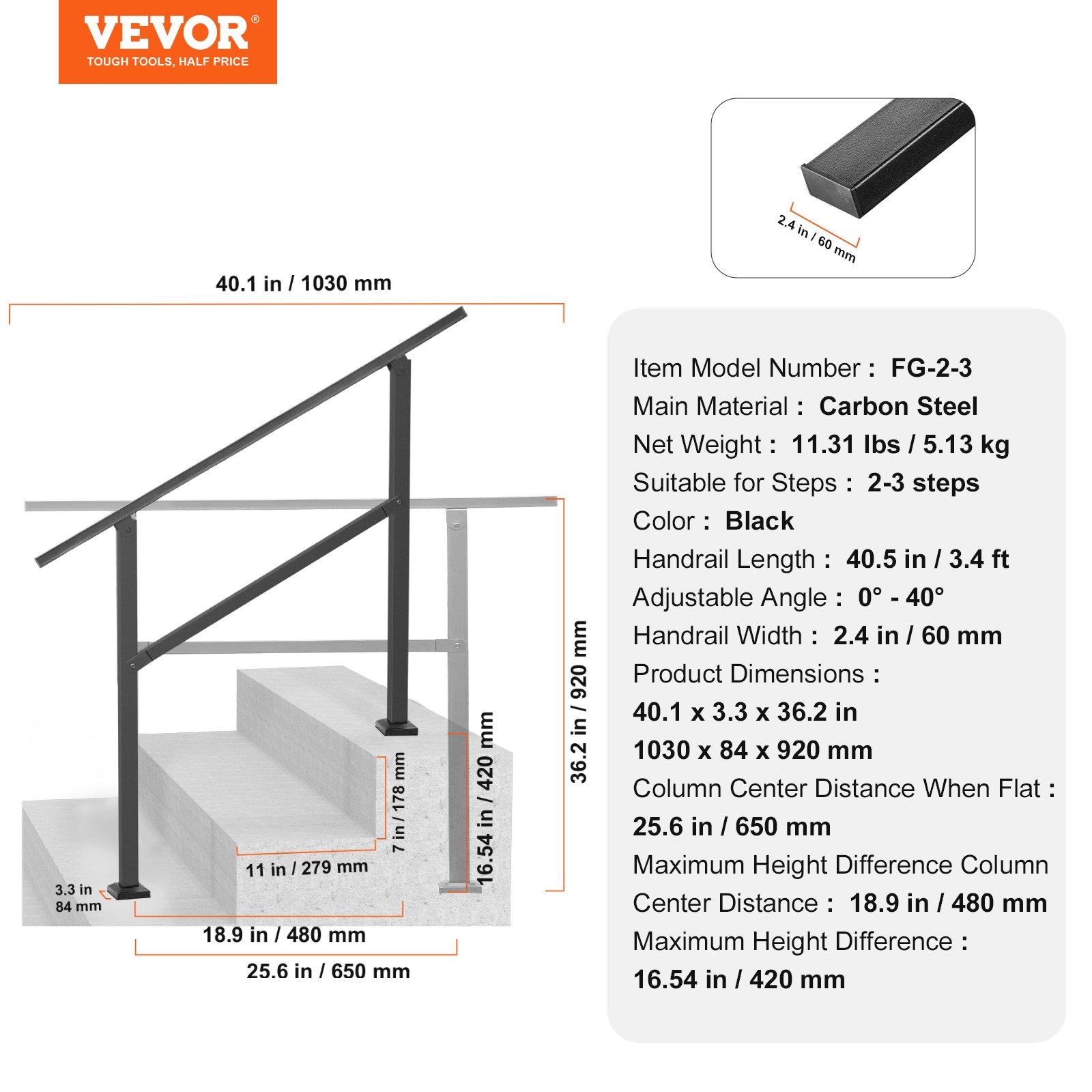 VEVOR Pasamanos de Exterior para Escalera Kit de Barandilla para 2 a 3 Escalones Tubo Cuadrado con Barra Horizontal Rieles de Soporte de Acero al Carbono para Escaleras de Hormigón, Terraza, Negro