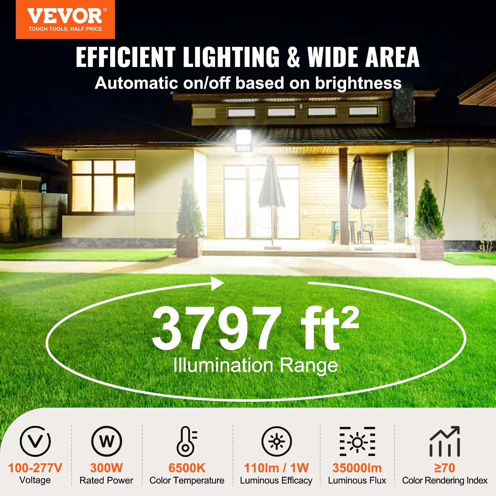 Foco LED para estadios VEVOR, 300 W, 35 000 LM, luz blanca diurna de 6500 K, foco exterior brillante con enchufe, IP65, resistente al agua, para parques infantiles, patios y jardines.