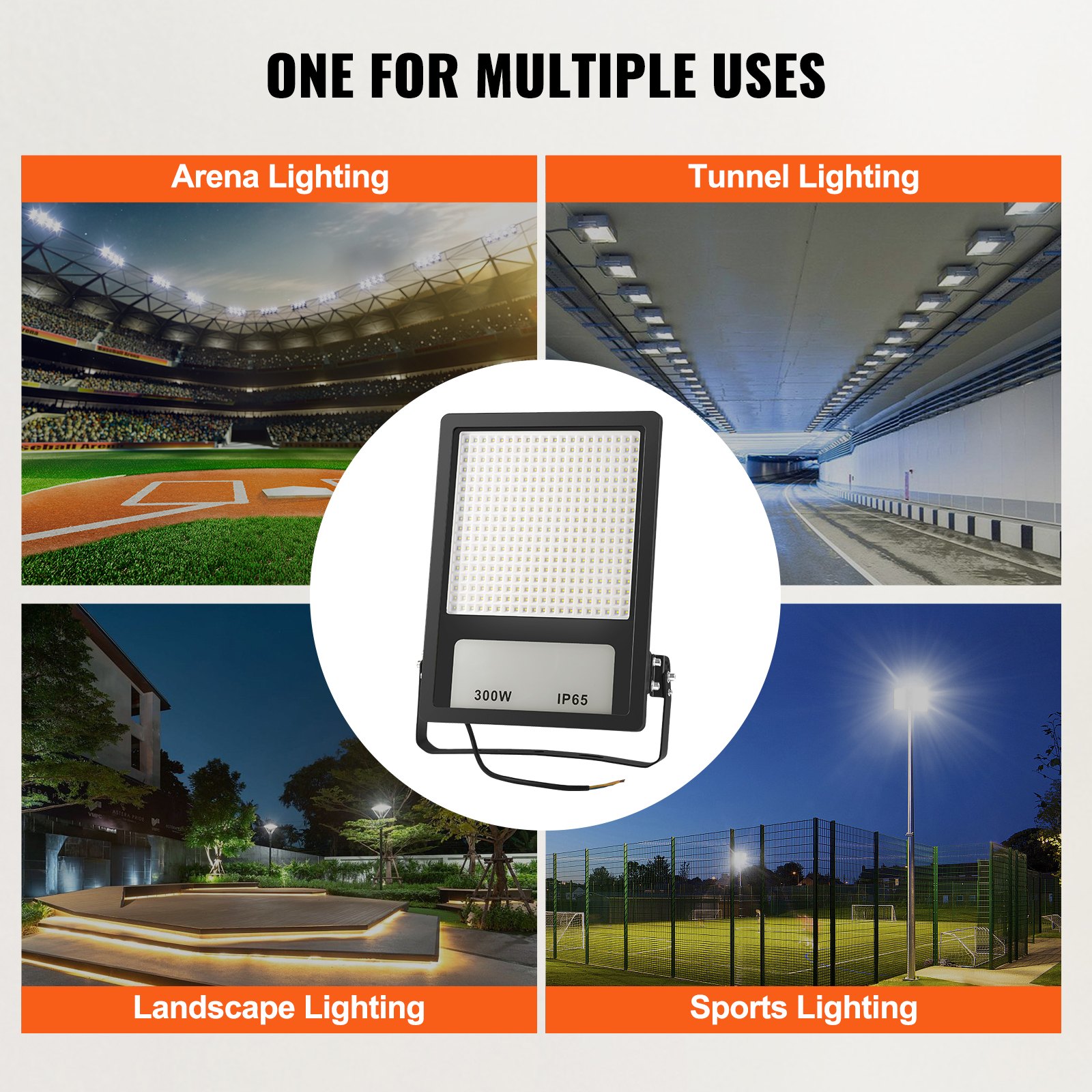 Foco LED para estadios VEVOR, 300 W, 35 000 LM, luz blanca diurna de 6500 K, foco exterior brillante con enchufe, IP65, resistente al agua, para parques infantiles, patios y jardines.