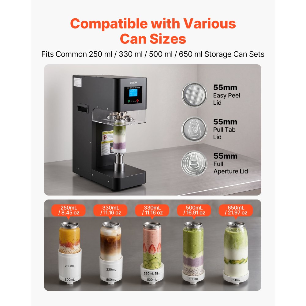 Máquina selladora de latas VEVOR, máquina automática comercial para sellar latas de refrescos de aluminio y plástico de 55 mm (2,17 pulgadas), altura ajustable, carcasa de acero, selladora de bebidas, para cafeterías, color negro.