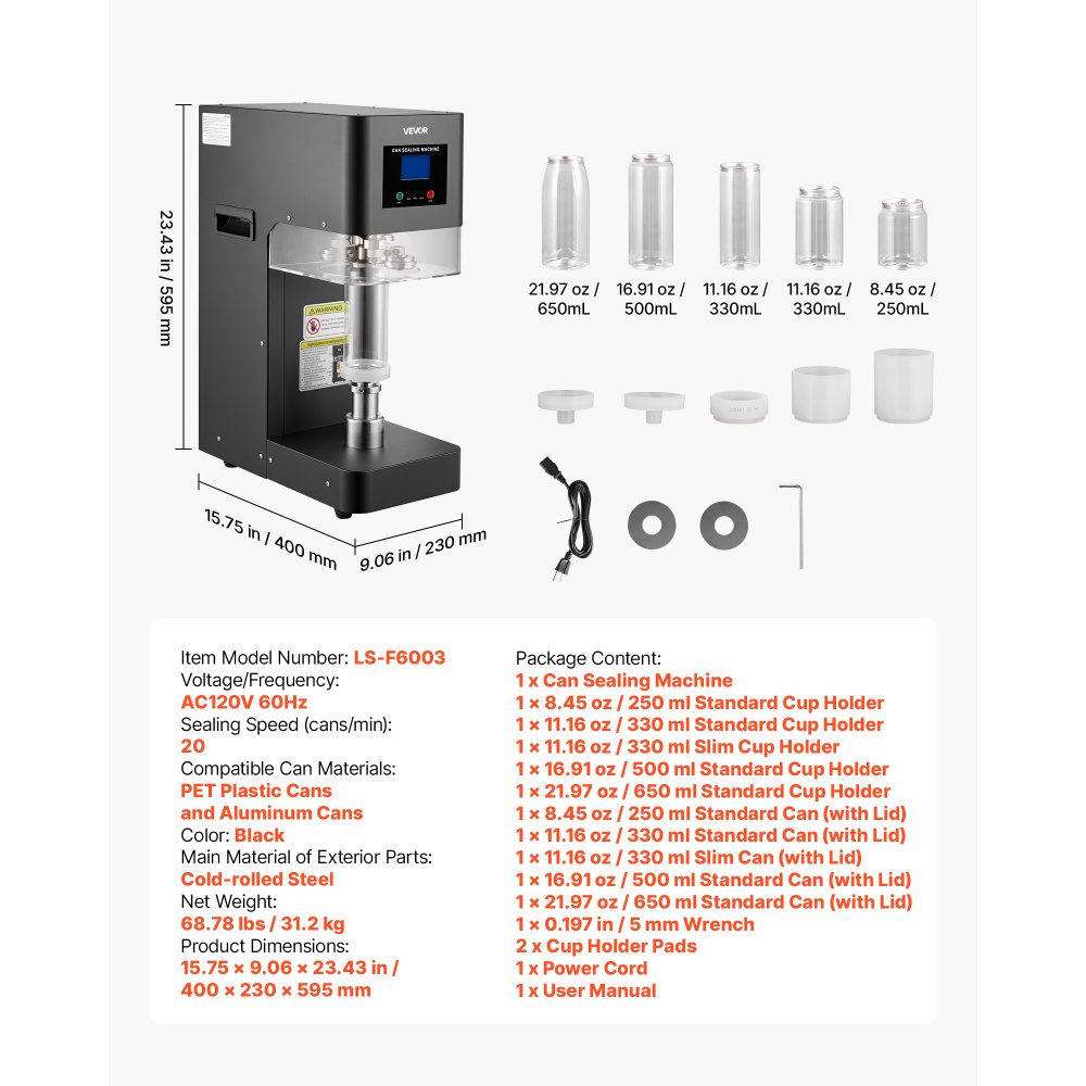 Máquina selladora de latas VEVOR, máquina automática comercial para sellar latas de refrescos de aluminio y plástico de 55 mm (2,17 pulgadas), altura ajustable, carcasa de acero, selladora de bebidas, para cafeterías, color negro.