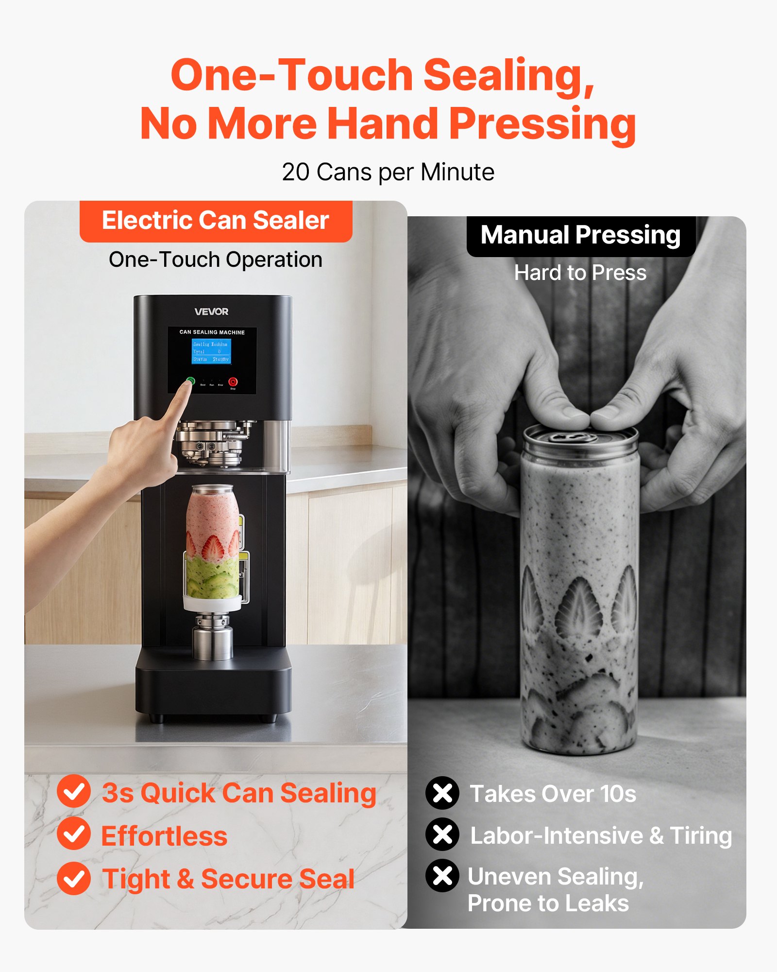 Máquina selladora de latas VEVOR, máquina automática comercial para sellar latas de refrescos de aluminio y plástico de 55 mm (2,17 pulgadas), altura ajustable, carcasa de acero, selladora de bebidas, para cafeterías, color negro.