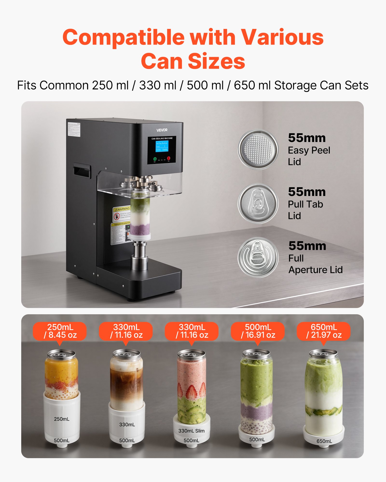 Máquina selladora de latas VEVOR, máquina automática comercial para sellar latas de refrescos de aluminio y plástico de 55 mm (2,17 pulgadas), altura ajustable, carcasa de acero, selladora de bebidas, para cafeterías, color negro.