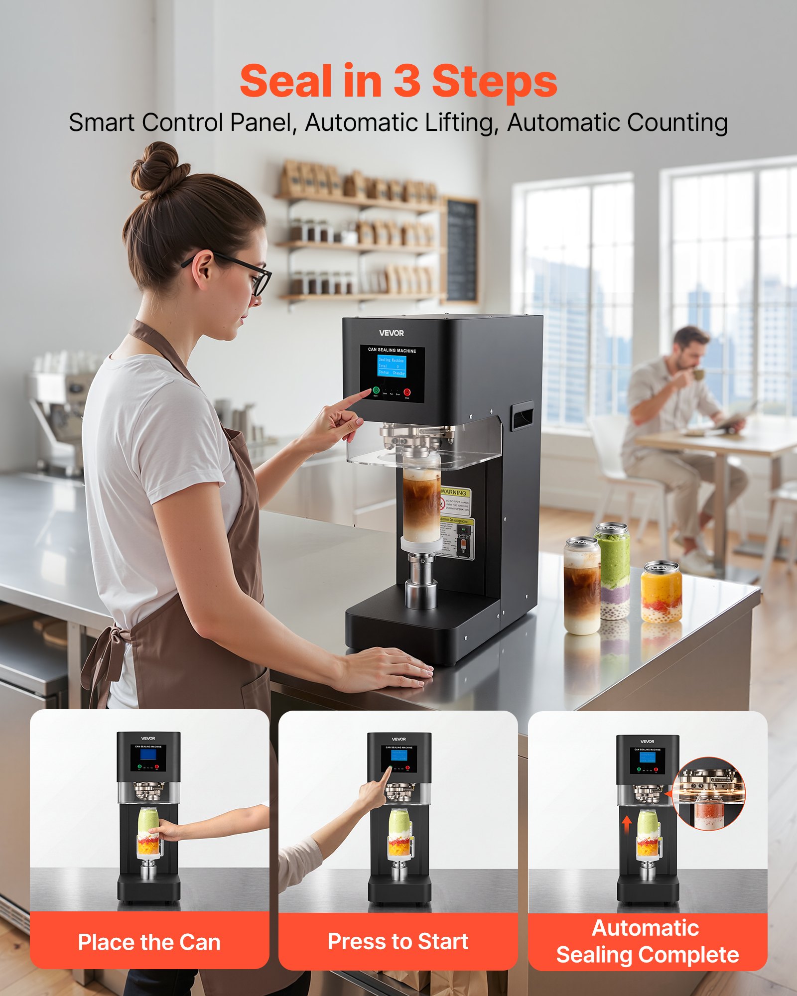 Máquina selladora de latas VEVOR, máquina automática comercial para sellar latas de refrescos de aluminio y plástico de 55 mm (2,17 pulgadas), altura ajustable, carcasa de acero, selladora de bebidas, para cafeterías, color negro.