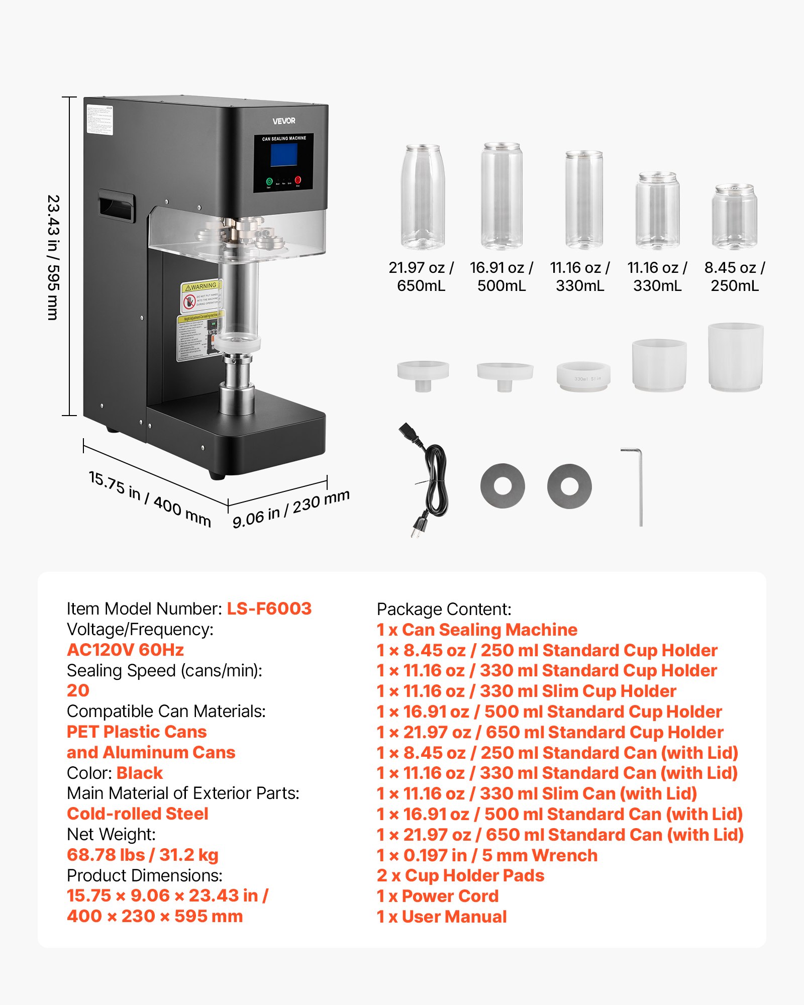 Máquina selladora de latas VEVOR, máquina automática comercial para sellar latas de refrescos de aluminio y plástico de 55 mm (2,17 pulgadas), altura ajustable, carcasa de acero, selladora de bebidas, para cafeterías, color negro.