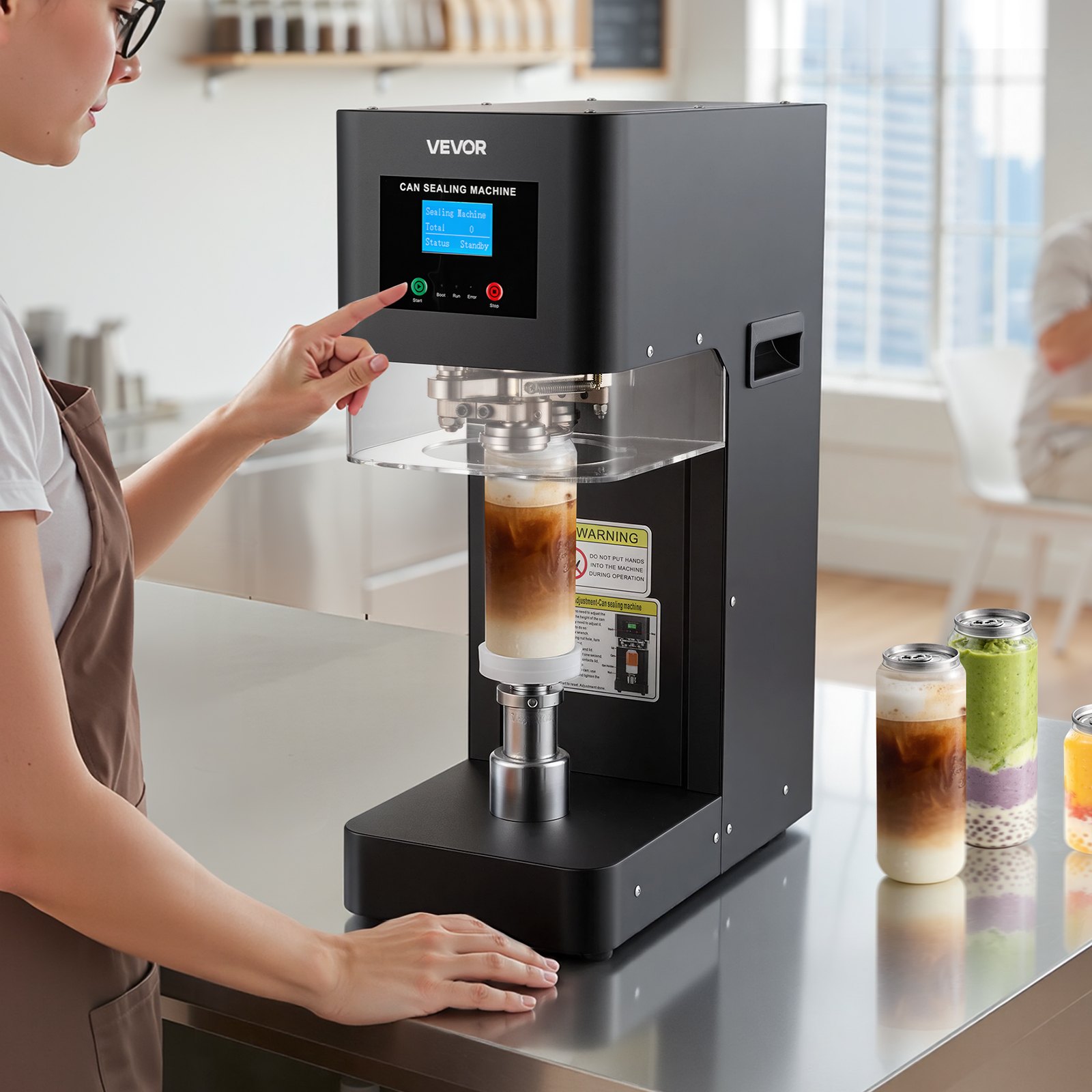Máquina selladora de latas VEVOR, máquina automática comercial para sellar latas de refrescos de aluminio y plástico de 55 mm (2,17 pulgadas), altura ajustable, carcasa de acero, selladora de bebidas, para cafeterías, color negro.
