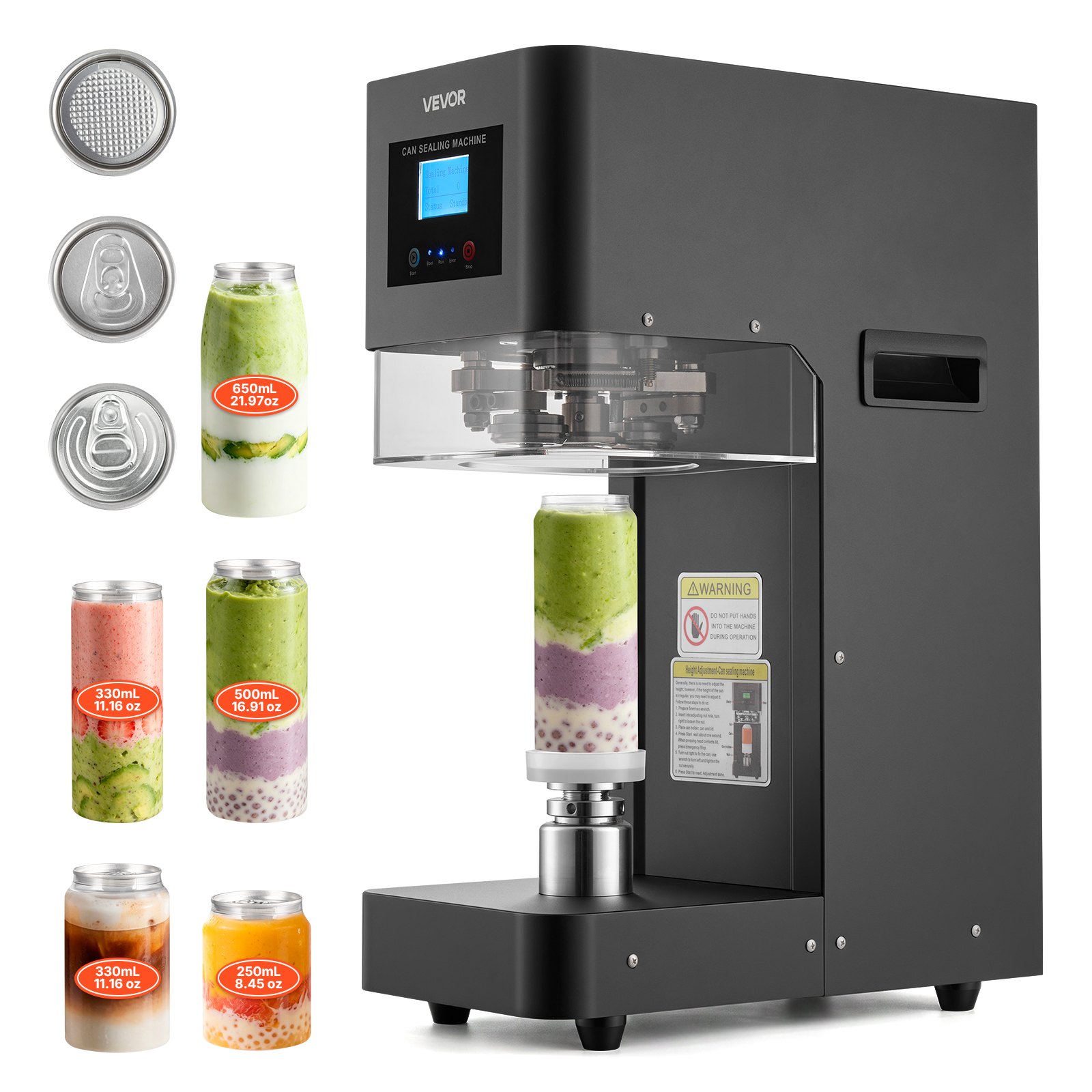 Máquina selladora de latas VEVOR, máquina automática comercial para sellar latas de refrescos de aluminio y plástico de 55 mm (2,17 pulgadas), altura ajustable, carcasa de acero, selladora de bebidas, para cafeterías, color negro.