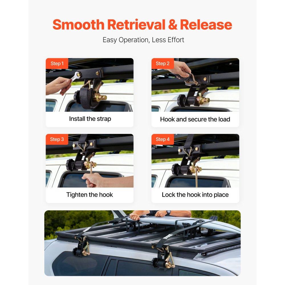 Correas de trinquete VEVOR para portaescaleras, montaje en tubo cuadrado negro, 3,8 cm de ancho x 2,2 m de largo, con ganchos dobles en J, capacidad de carga de 227 kg, correa de carga con hebilla de seguridad (paquete de 4)