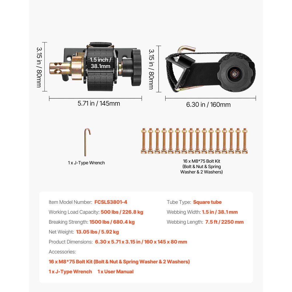 Correas de trinquete VEVOR para portaescaleras, montaje en tubo cuadrado negro, 3,8 cm de ancho x 2,2 m de largo, con ganchos dobles en J, capacidad de carga de 227 kg, correa de carga con hebilla de seguridad (paquete de 4)