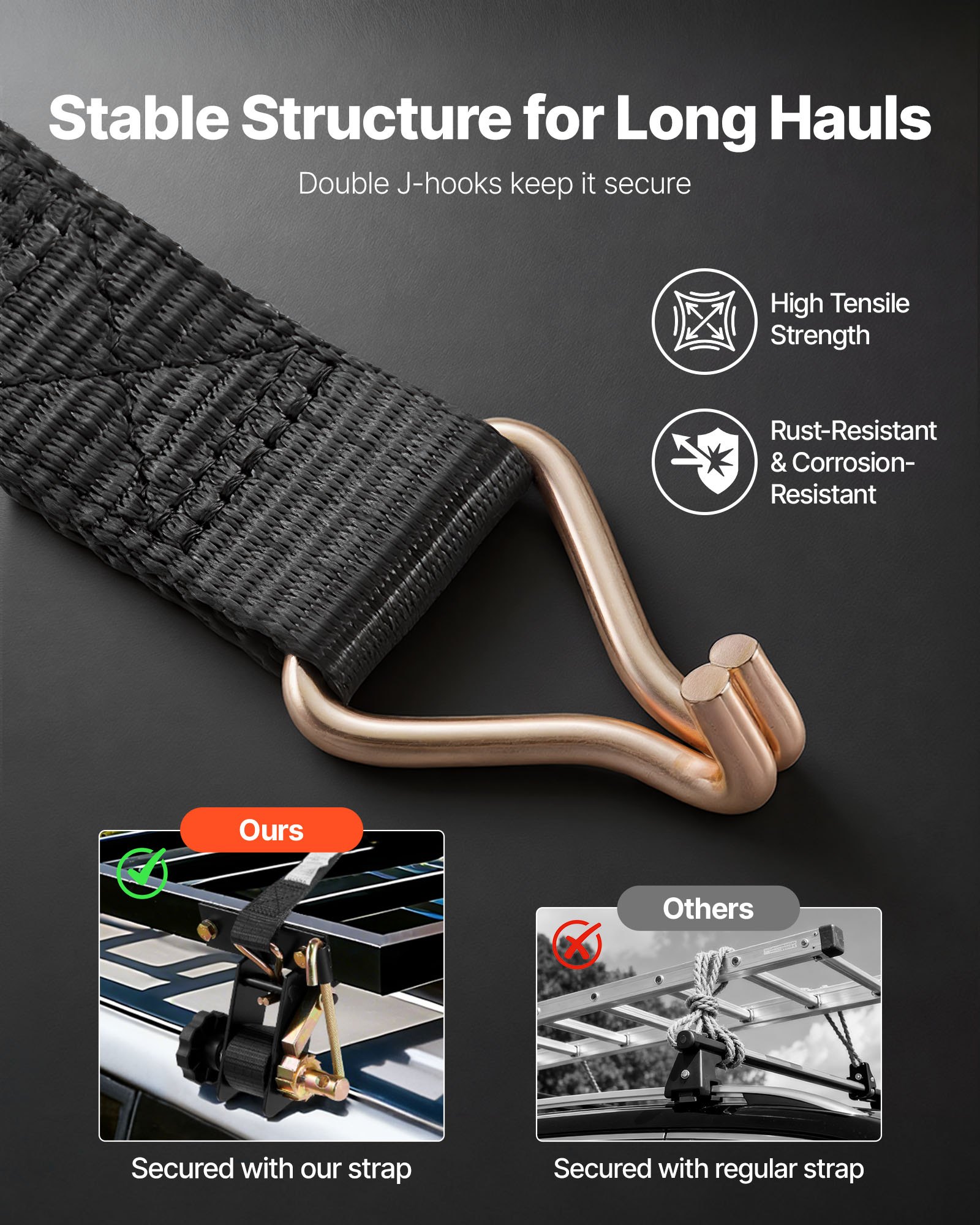 Correas de trinquete VEVOR para portaescaleras, montaje en tubo cuadrado negro, 3,8 cm de ancho x 2,2 m de largo, con ganchos dobles en J, capacidad de carga de 227 kg, correa de carga con hebilla de seguridad (paquete de 4)