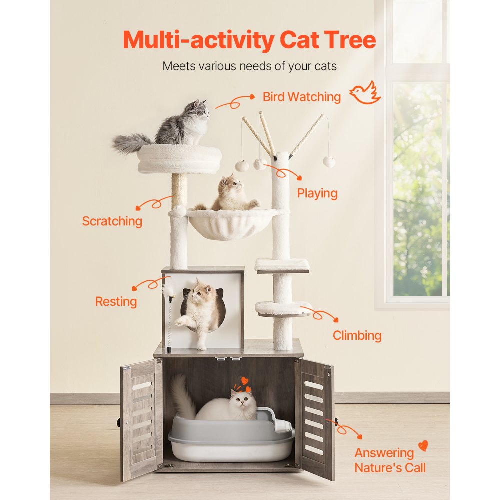 VEVOR Árbol para gatos grande con caja de arena, 137 cm de alto, torre 2 en 1, mueble de varios niveles con postes rascadores de sisal, perchas, hamaca, casa para gatos de interior