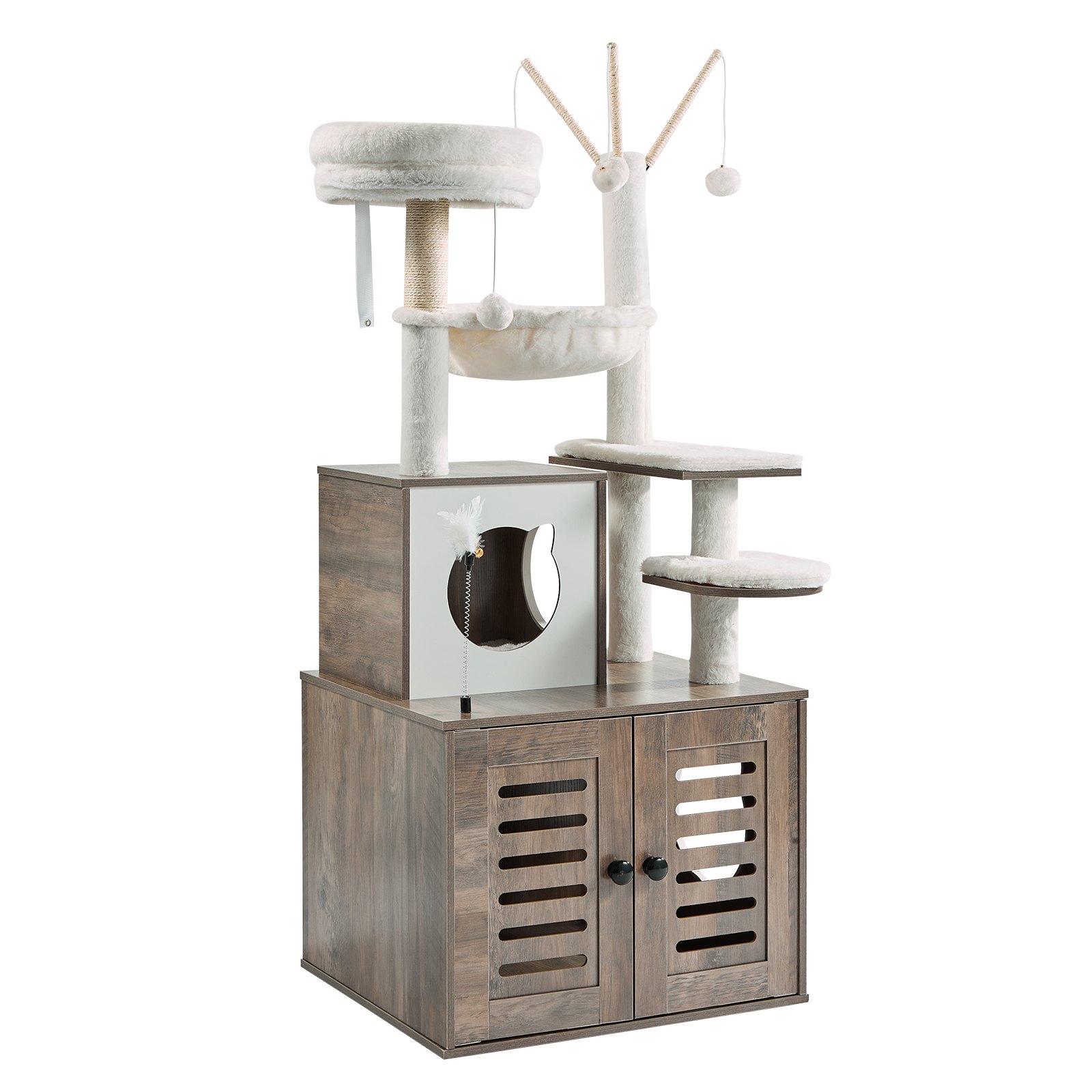 VEVOR Árbol para gatos grande con caja de arena, 137 cm de alto, torre 2 en 1, mueble de varios niveles con postes rascadores de sisal, perchas, hamaca, casa para gatos de interior