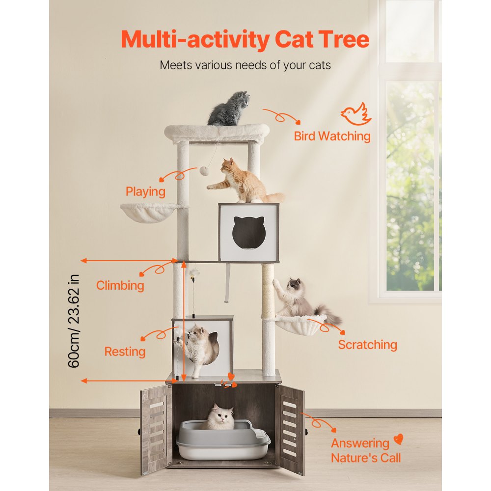 VEVOR Árbol para gatos grande con caja de arena, 183 cm de alto, torre 2 en 1, mueble de varios niveles con postes rascadores de sisal, perchas y hamaca, casa para gatos de interior.