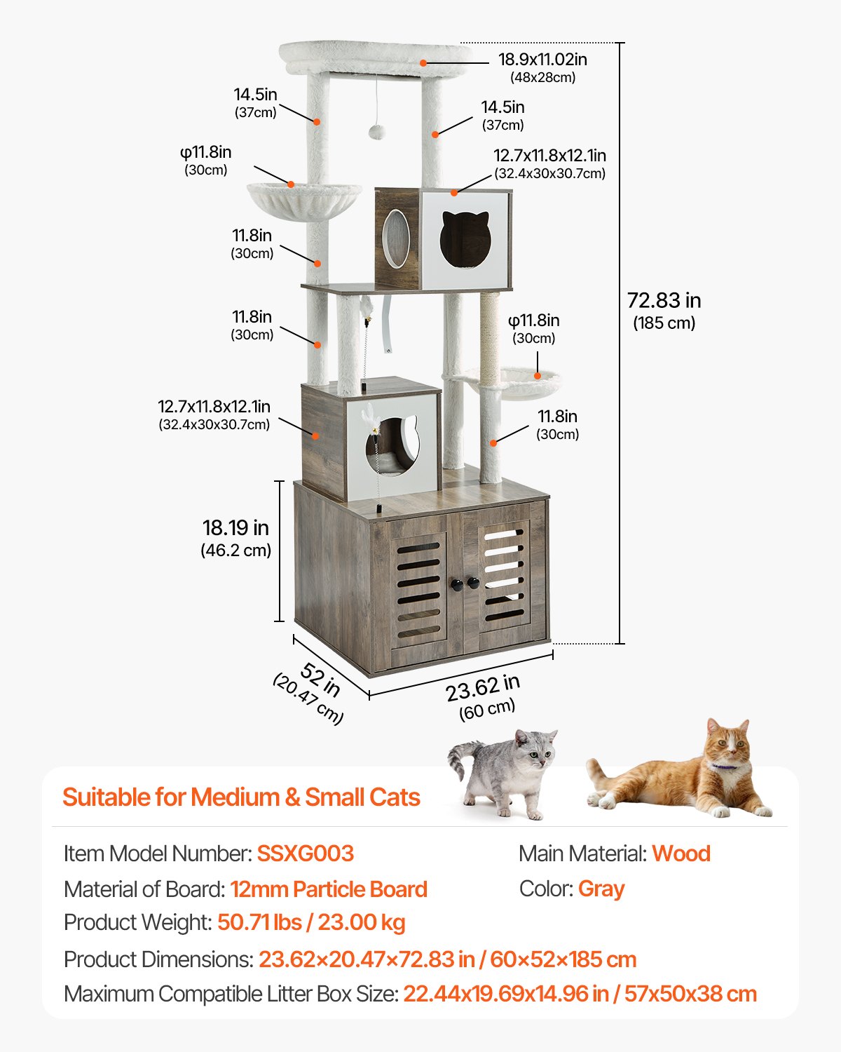 Caja de arena para gatos grande de 72,83" con recinto 2 en 1, torre para gatos, casa de juegos para interiores