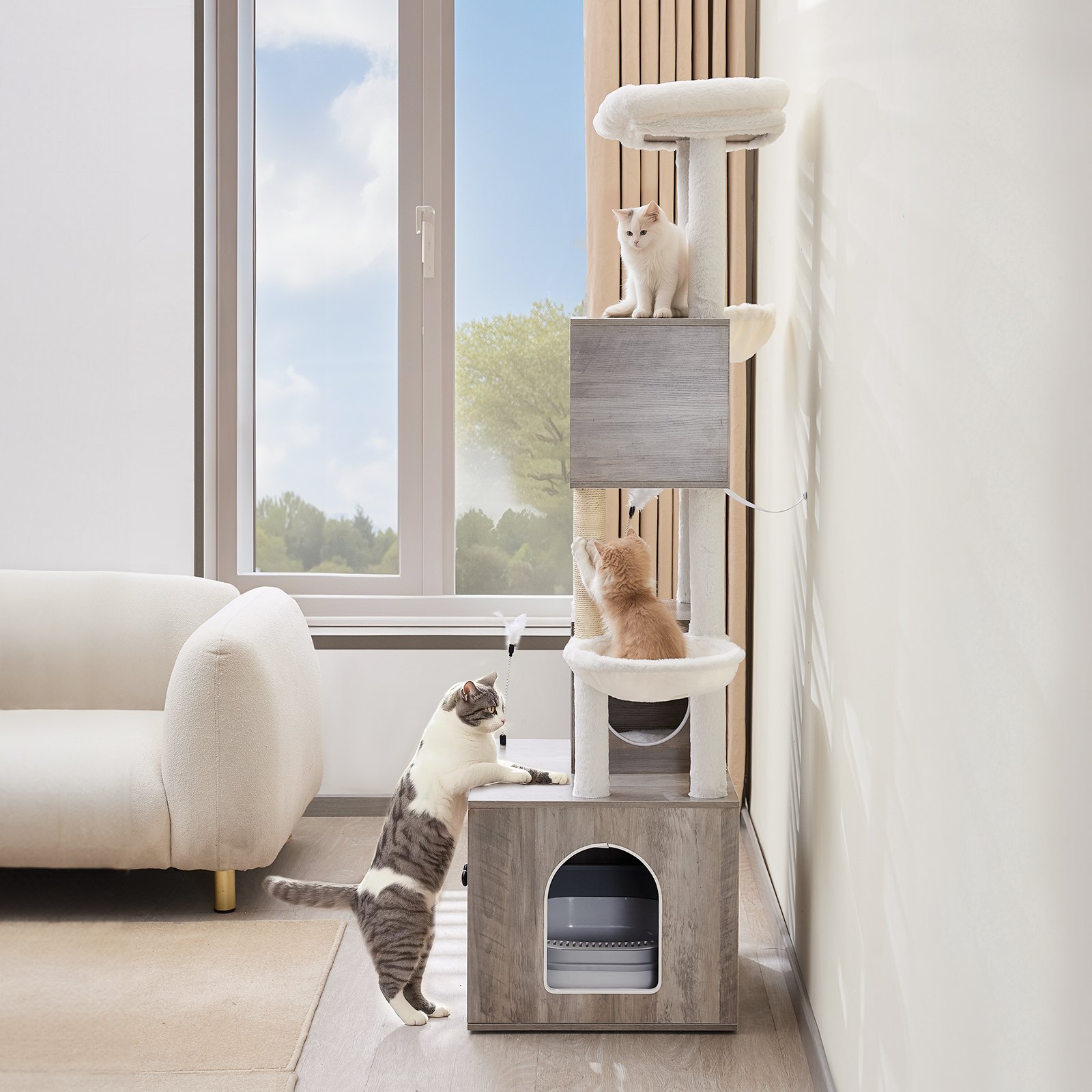 Caja de arena para gatos grande de 72,83" con recinto 2 en 1, torre para gatos, casa de juegos para interiores