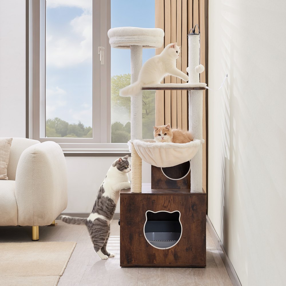 Caja de arena para gatos grande de 55,12" con recinto 2 en 1, torre para gatos, casa de juegos para interiores