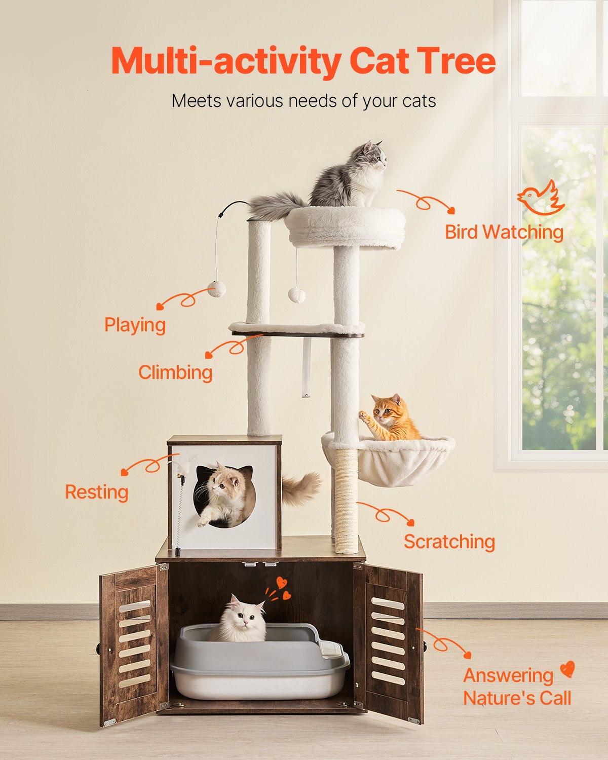 Caja de arena para gatos grande de 55,12" con recinto 2 en 1, torre para gatos, casa de juegos para interiores