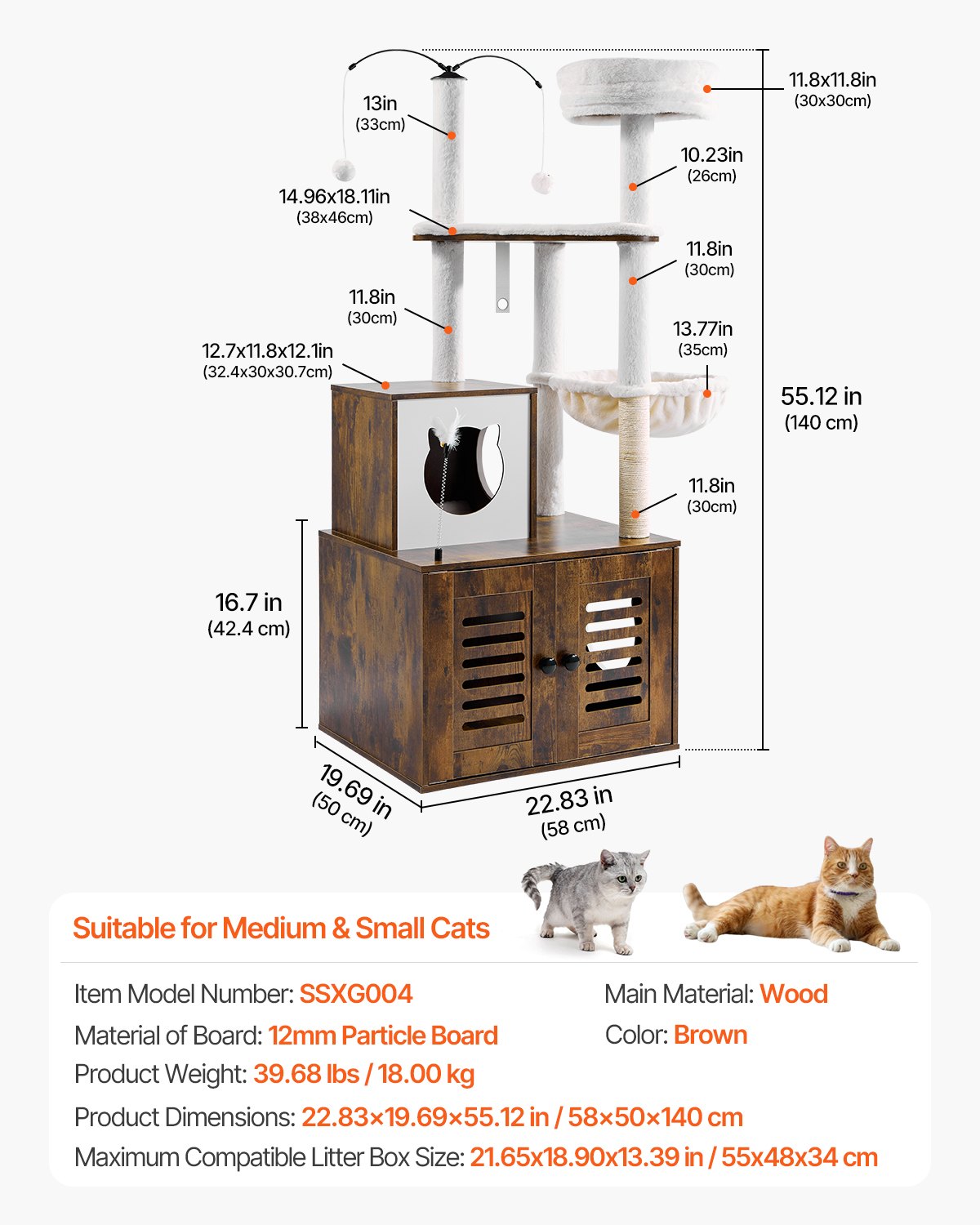 Caja de arena para gatos grande de 55,12" con recinto 2 en 1, torre para gatos, casa de juegos para interiores