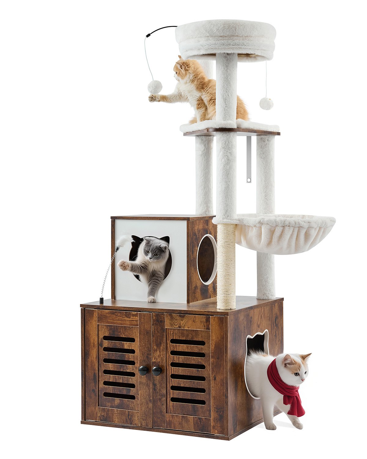 Caja de arena para gatos grande de 55,12" con recinto 2 en 1, torre para gatos, casa de juegos para interiores